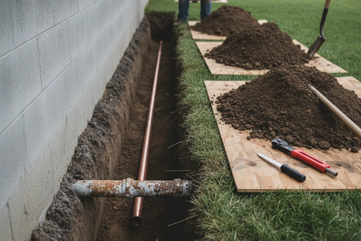 Excavated water line trench during Sewer Line Repair in Inverness